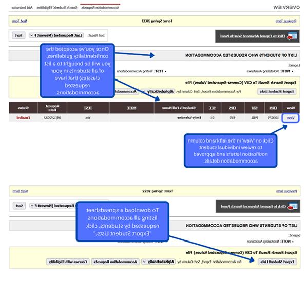 Graphic depicting on how to Click on “View” in the left-hand column to review individual student notification letters and approved accommodation details.